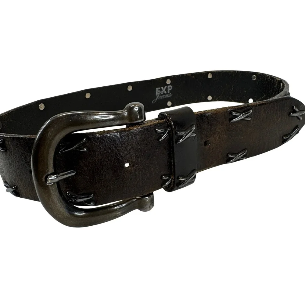 EXP Jeans Leather Belt Studded Whipstitch Brown Y2K Western Grunge Small USA